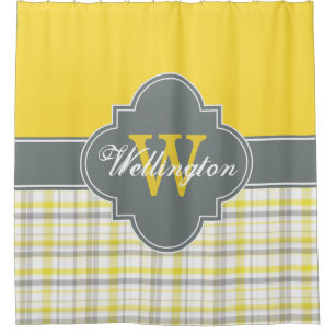 Charcoal Grey Yellow Madras Plaid 1ICB Ribbon Name Shower Curtain
