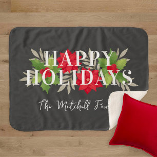 Charcoal Happy Holidays Poinsettia Family Sherpa Blanket
