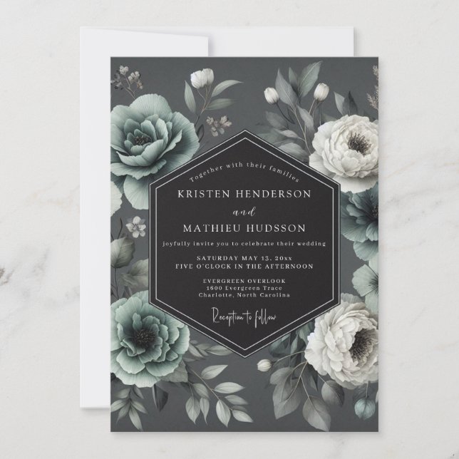 Charcoal Hellebore Bloom Wedding Invitation (Front)