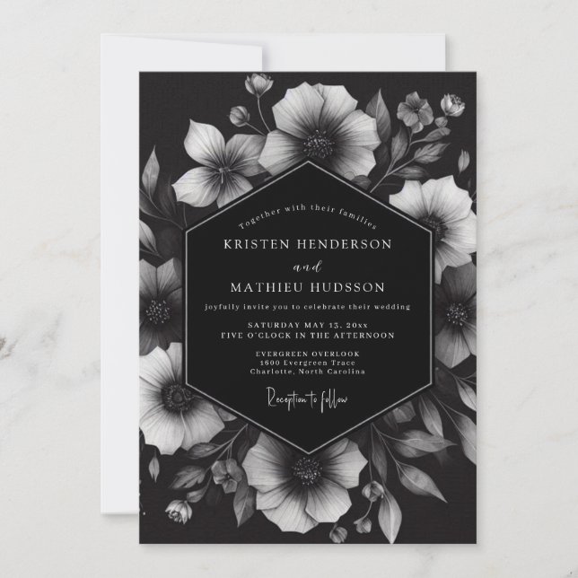 Charcoal Ink Blot Bloom Wedding Invitation (Front)