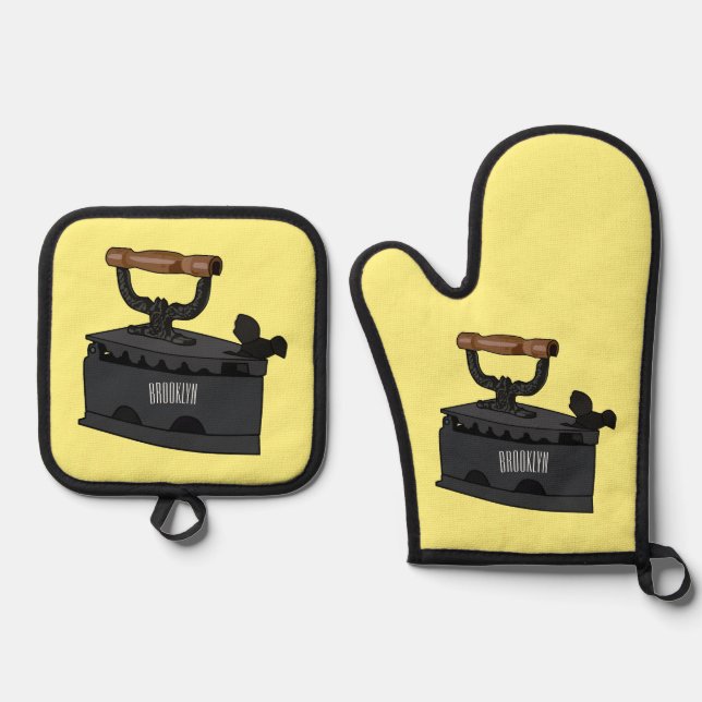 Charcoal iron cartoon illustration  oven mitt & pot holder set (Front)