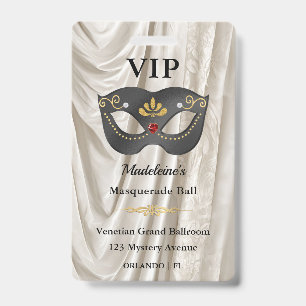 Charcoal Ivory Masquerade VIP Pass White Damask ID Badge