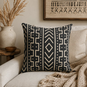Charcoal Ivory Mudcloth Inspired Modern Tribal Cushion