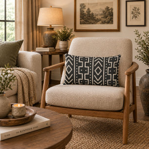 Charcoal Ivory Mudcloth Inspired Modern Tribal Lumbar Cushion