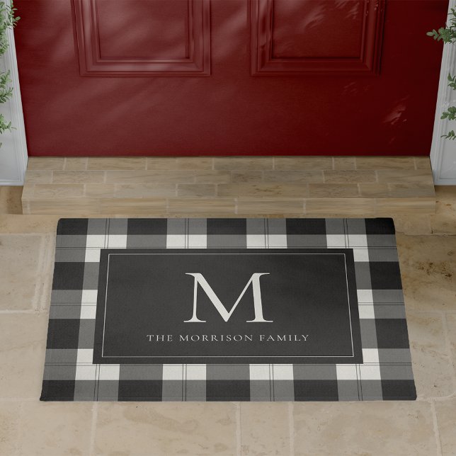 Charcoal & Ivory Plaid Monogram & Name Doormat (Creator Uploaded)