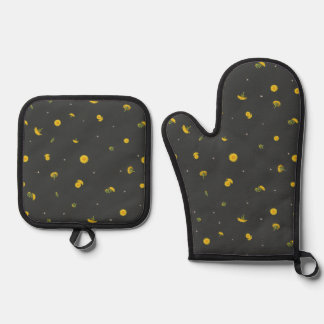 Charcoal Japanese Dandelion Floral Pattern Oven Mitt & Pot Holder Set