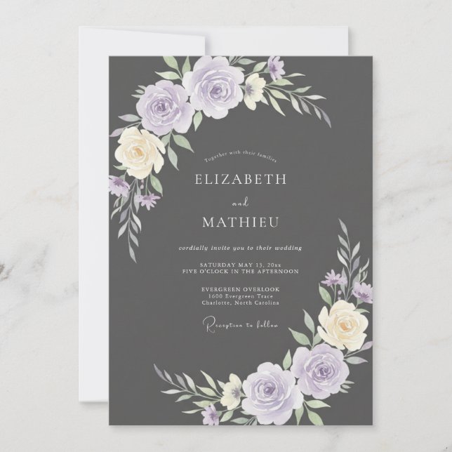 Charcoal Lavender Ranunculus Eucalyptus Wedding Invitation (Front)