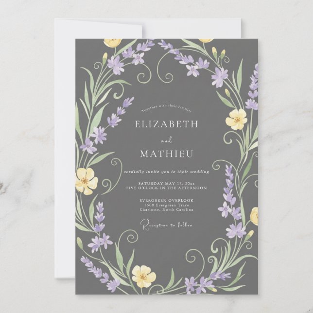 Charcoal Lavender Wreath Wedding Invitation (Front)