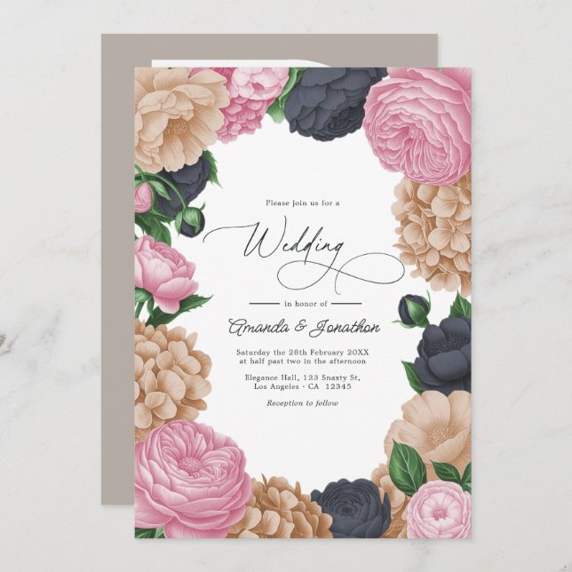 Charcoal, Light Taupe & Peony Pink Floral Wedding Invitation (Front/Back)