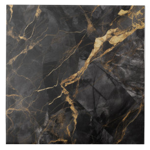 Charcoal Marble with Branching Gold Veins Ceramic Tile