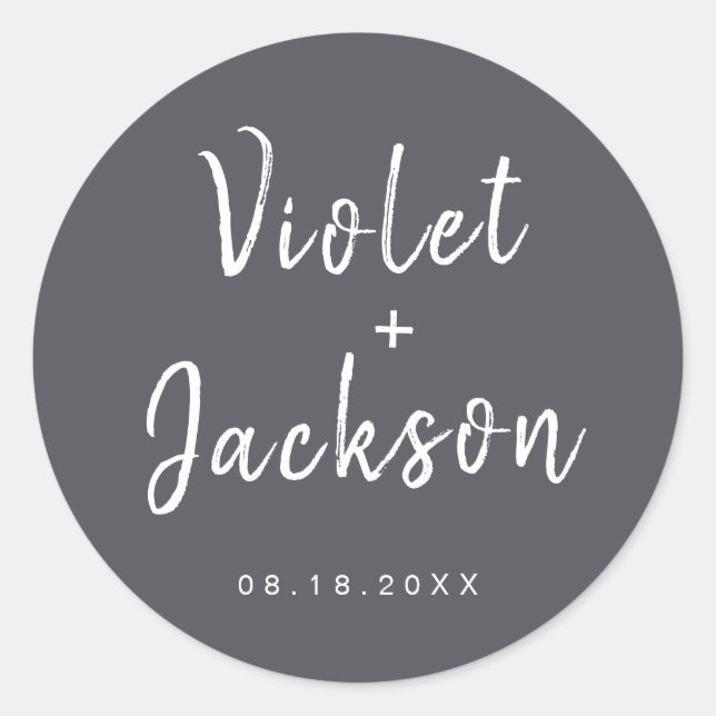 Charcoal Minimalist script wedding favour Classic Round Sticker (Front)