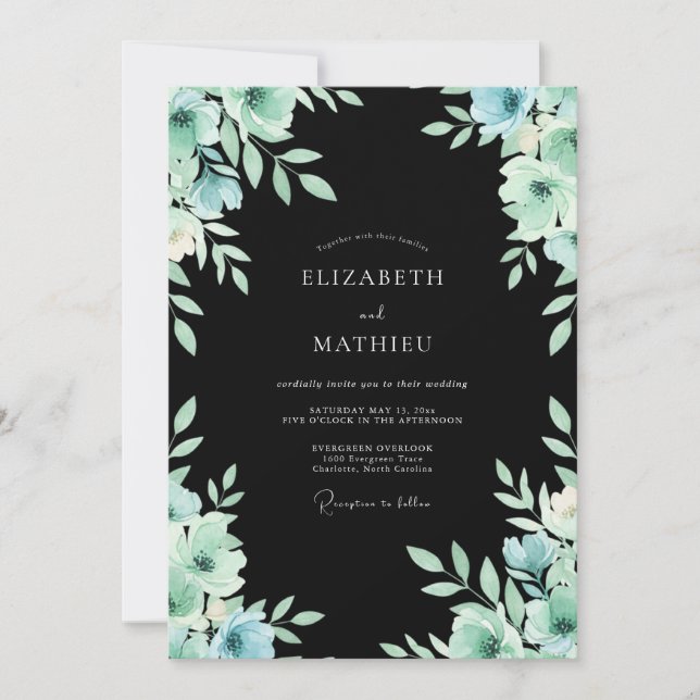 Charcoal Mint Petal Wedding Invitation (Front)