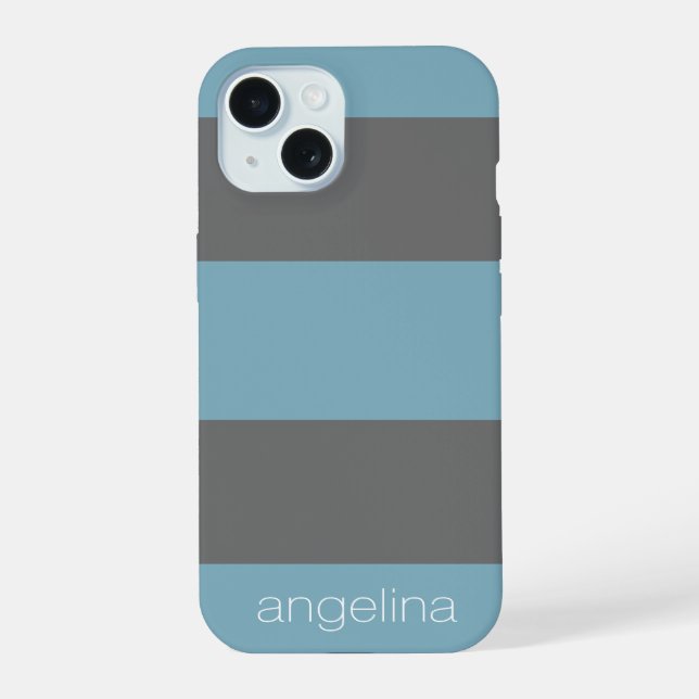 Charcoal Modern Striped Pattern Custom Name iPhone 15 Case (Back)