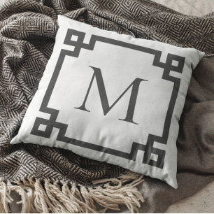Charcoal Monogrammed Greek Key Border White Cushion