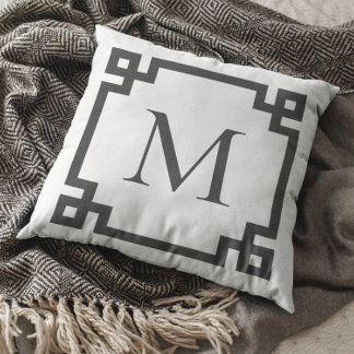 Charcoal Monogrammed Greek Key Border White Cushion