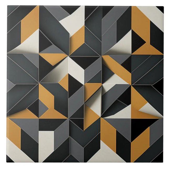 Charcoal Ochre and Ivory Angular Geometric Ceramic Tile (The complete printed tile design. Tiles sold individually.)