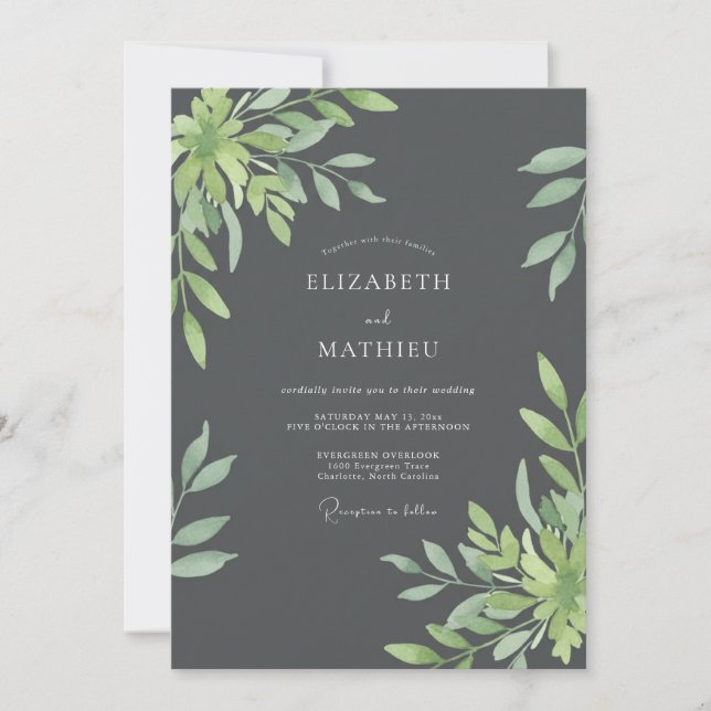 Charcoal Olive Leafy Wedding Invitation (Front)
