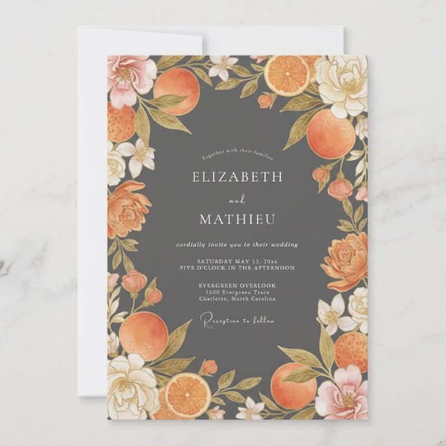 Charcoal Orange Citrus Eucalyptus Wedding Invitation (Front)