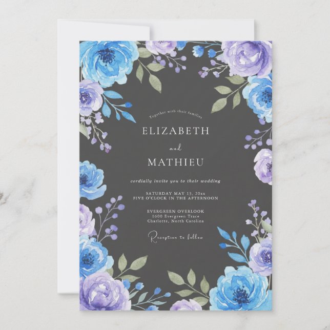 Charcoal Periwinkle Floral Wedding Invitation (Front)