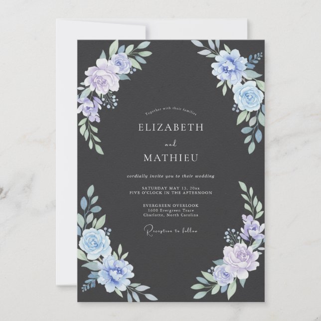 Charcoal Periwinkle Foliage Eucalyptus Wedding Invitation (Front)