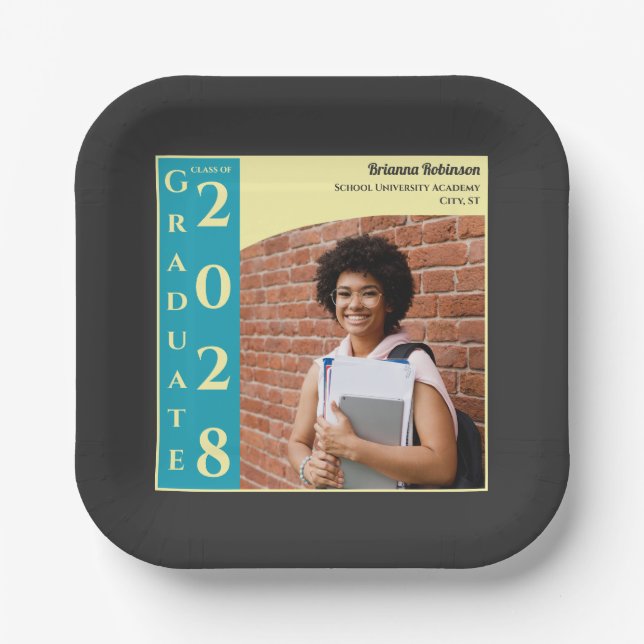 Charcoal Photo Modern Graduation Cap Party Paper Plate (Front)