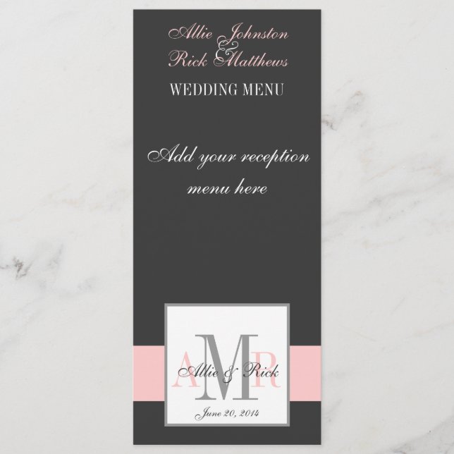 Charcoal Pink Monogram Wedding Menu (Front)