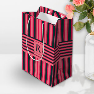 Charcoal Pink Stripes Editable Elegant Monogram Medium Gift Bag