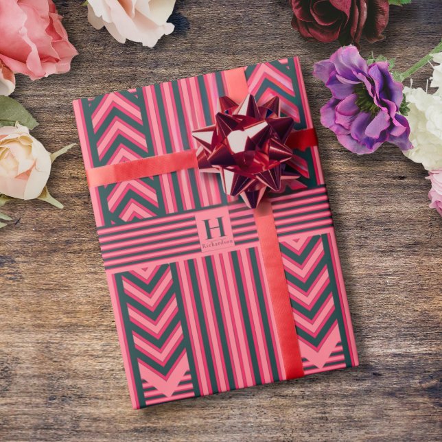 Charcoal Pink Stripes Editable Elegant Monogram Wrapping Paper (Creator Uploaded)