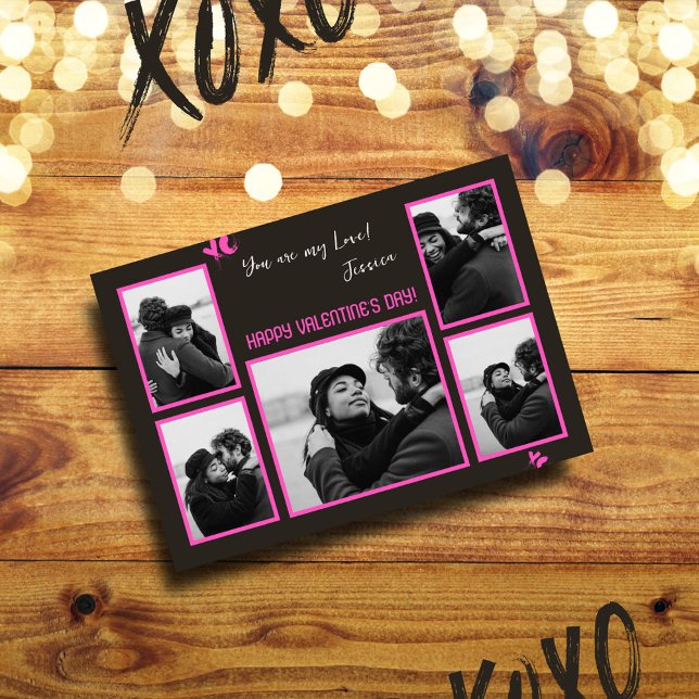 Charcoal & Pinkish Modern 5 Photo Valentines day   Holiday Card (Creator Uploaded)