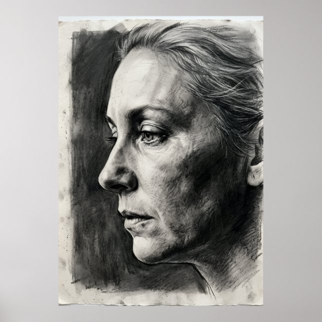 Charcoal Portrait Poster | Expressive Female Drawi (Front)