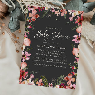 Charcoal Pressed Floral Baby Girl Shower Invitation