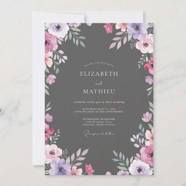 Charcoal Purple Leafy Wedding Invitation (Front)