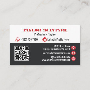 Charcoal & Red Professional Icons QR Code Business Card