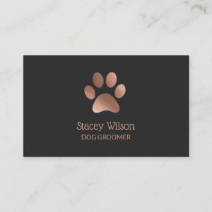 Charcoal Rose Gold Paw Print Logo Dog Groomer Business Card