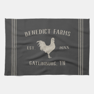 Charcoal Rustic Chicken Personalized Farm Name Tea Towel