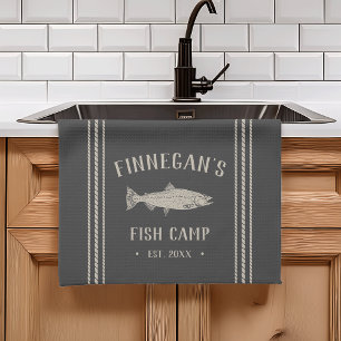 Charcoal Rustic Fish Camp Personalised Tea Towel