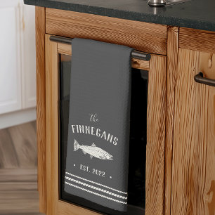 Charcoal Rustic Fish Personalised Tea Towel