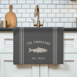 Charcoal Rustic Fish Personalised Tea Towel