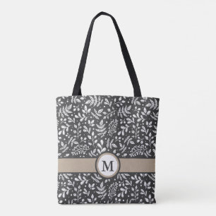 Charcoal Rustic Winter Botanical with Monogram Tote Bag