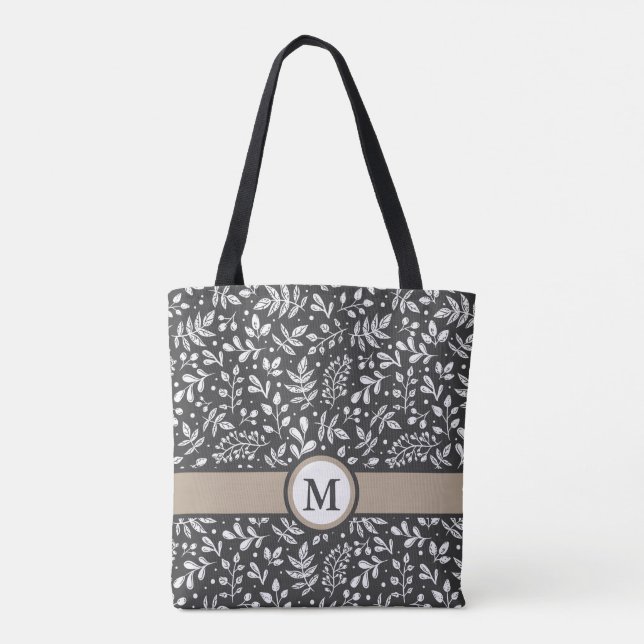 Charcoal Rustic Winter Botanical with Monogram Tote Bag (Back)