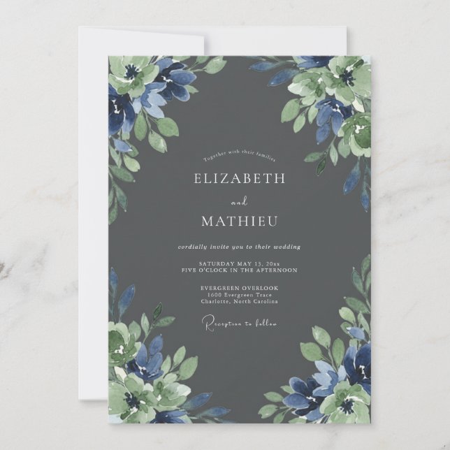 Charcoal Sapphire Leafy Wedding Invitation (Front)