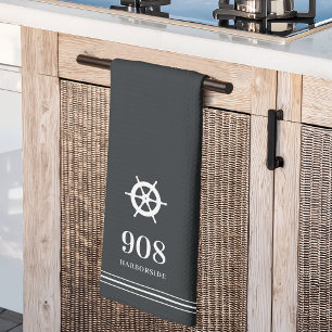 Charcoal   Ships Wheel House Number & Street Name Tea Towel