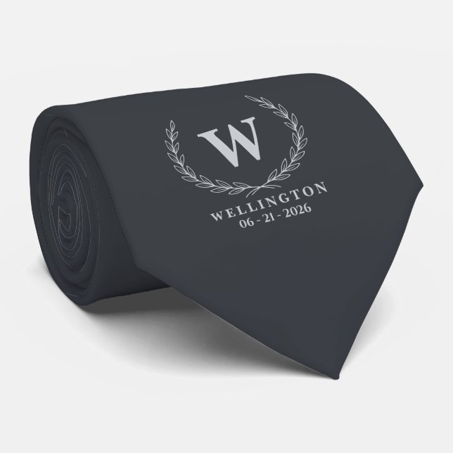 Charcoal Silver Laurel Monogram Wedding Date Tie (Rolled)
