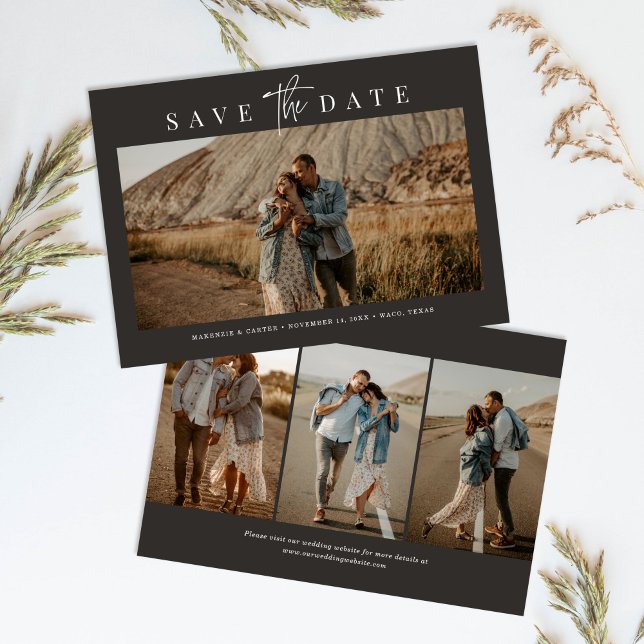 Charcoal Simple Modern Minimalist Four Photo Save The Date (Creator Uploaded)