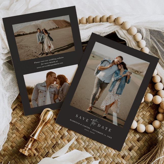 Charcoal Simple Modern Minimalist Three Photo Save The Date (Creator Uploaded)