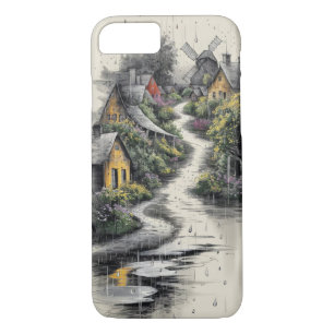 Charcoal Sketch of a Picturesque Rural Village iPhone 8/7 Case