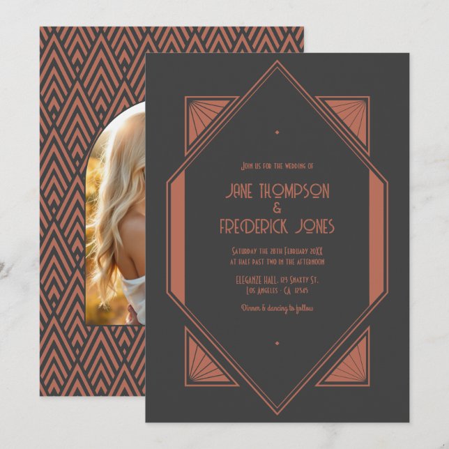 Charcoal Slate & Copper Art Deco Wedding Photo Invitation (Front/Back)