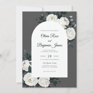 Charcoal Soft White Leaf Wedding Invitation