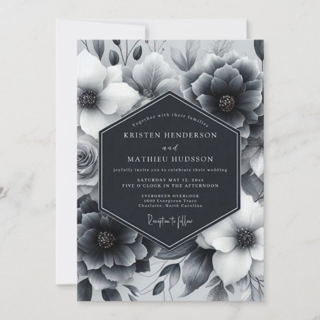 Charcoal Somber Anemone Wedding Invitation (Front)