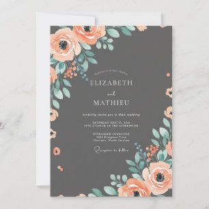 Charcoal Sophisticated Coral Floral Wedding Invitation